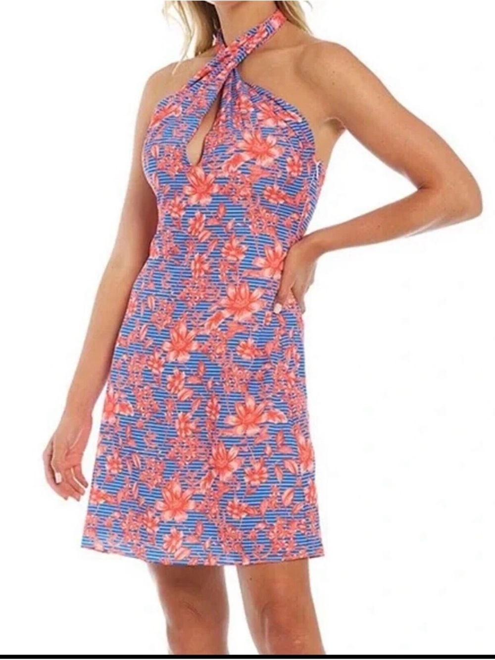 Badgley Mischka Floral Halter Dress Blue Pink Keyhole Size 12